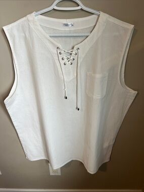 Men’s White Sleeveless Lace-Up Tank Cotton Blend Lightweight Beachwear Size XXL